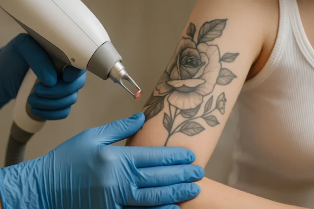 Laser tattoo removal treatment on a floral arm tattoo using advanced laser technology to safely fade unwanted tattoo ink.
